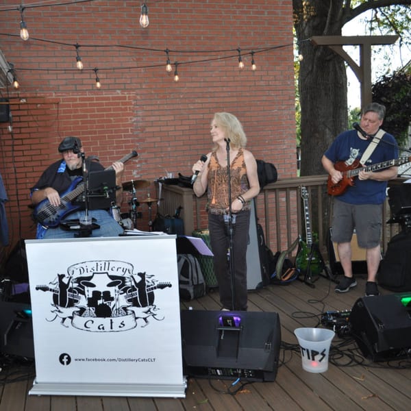 A band performs outdoors on a wooden deck, with a brick wall and string lights in the background.