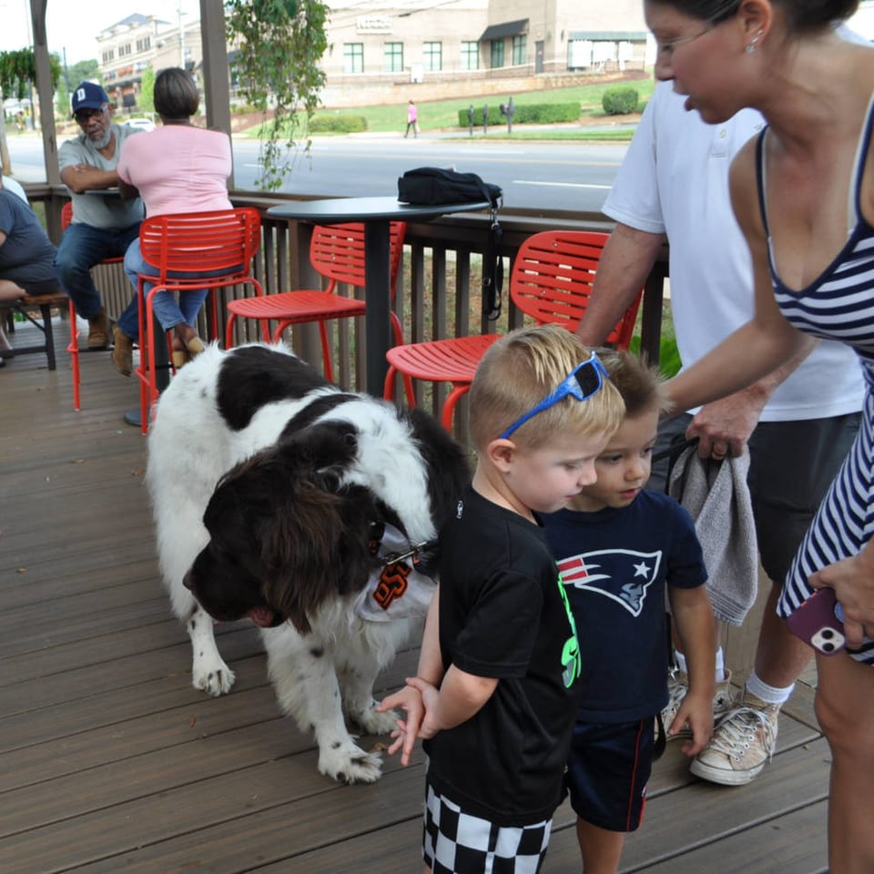 A large dog stands on a brewery patio next to two young boys and adults.